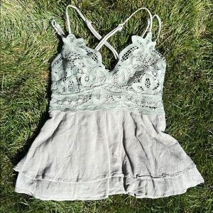 Listicle Lace Detail Tank Top in Sage and Taupe